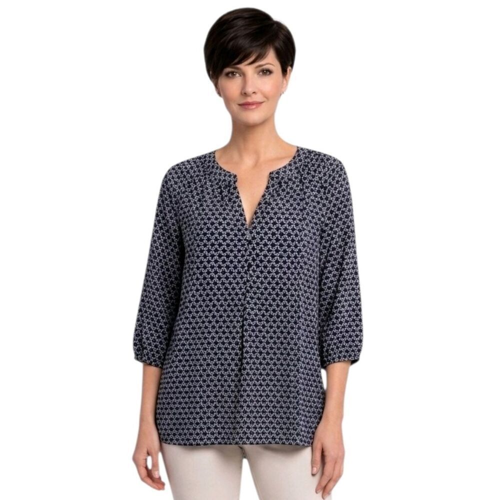 Dalia Collection Navy Blue Patterned Split Neck 3/4 Sleeve Chiffon Blouse Size M